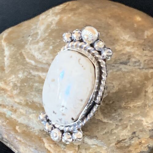 Navajo White Buffalo Turquoise Ring | Sterling Silver | Sz 7 | Authentic Native American Handmade | 13350