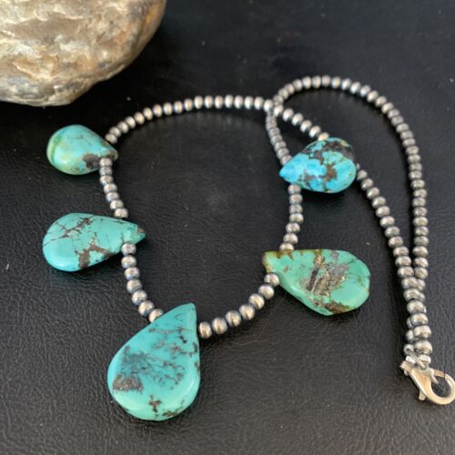 Navajo Teardrop Blue Turquoise Necklace | Sterling Silver Pearls | 20" | Authentic Native American | 13965