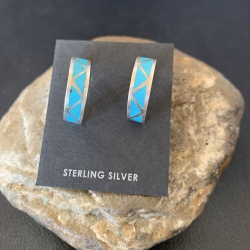 Zuni Blue Turquoise Inlay Hoop Earrings | Sterling Silver | 0.50" | 12755