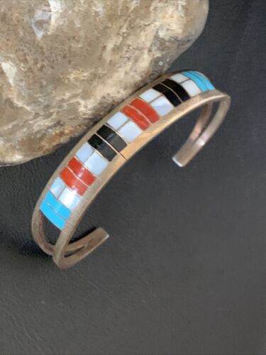 Navajo Sterling Silver Multi-Color Inlay Bracelet | Turquoise | Native American Jewelry | 12919