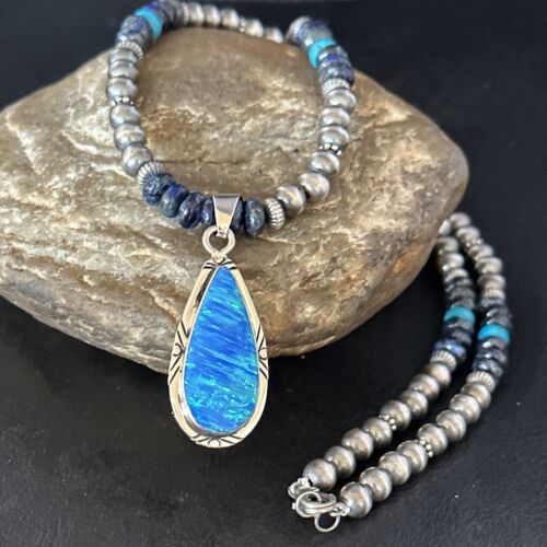 Blue Turquoise Lapis Necklace with Opal Pendant | Navajo Sterling Silver | Authentic Native American Handmade | 14367