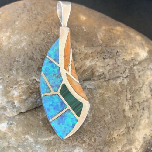 Navajo Spiny Blue Opal Inlay Pendant | Sterling Silver | Authentic Native American Handmade | 12476
