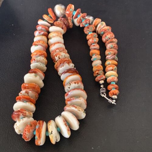Navajo Turquoise & Red Spiny Oyster Necklace | Sterling Silver | Authentic Native American | 24" | 12734