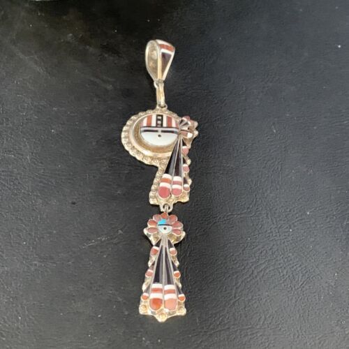 Zuni Kachina Coral Mother of Pearl Onyx Inlay Pin Pendant | Sterling Silver | 4.20" | 13688
