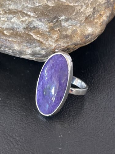 Navajo Women's Oval Purple Charoite Ring | Sterling Silver | Sz 8 Adjustable | Authentic Native American Handmade | 10566
