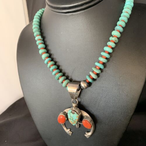Navajo Sterling Silver Necklace | Blue Turquoise & Coral Naja Pendant | Authentic Native American Handmade | 13744