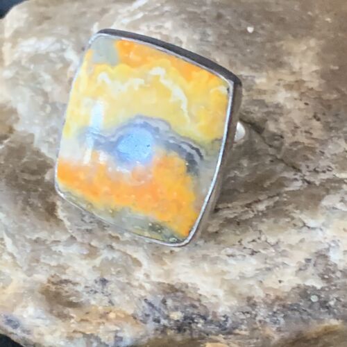 Yellow Square Bumble Bee Jasper Ring Sz 8 Adjustable | Navajo Sterling Silver | Handmade 14022