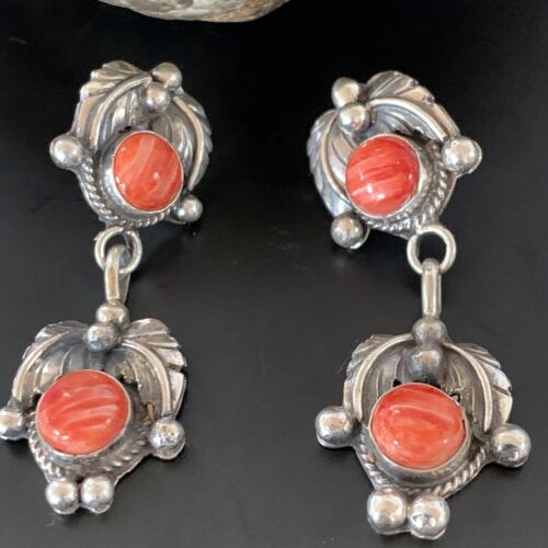 Navajo Red Spiny Oyster Dangle Earrings | Sterling Silver | Authentic Native American Handmade | 2066