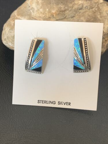 Navajo Turquoise Opal Onyx Inlay Earrings | Sterling Silver | Authentic Native American Handmade | 12115