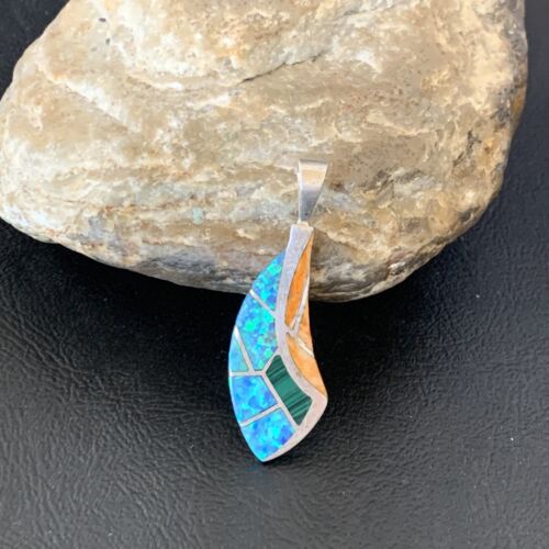 Navajo Spiny Blue Opal Inlay Pendant | Sterling Silver | Authentic Native American Handmade | 12476
