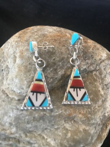 Navajo Sterling Silver Inlay Earrings | Coral Turquoise Onyx Mother of Pearl | Southwestern