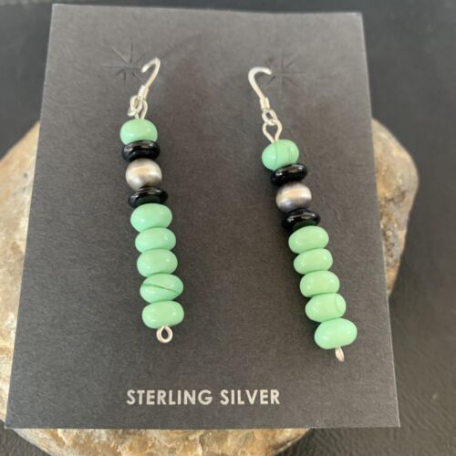 Navajo Green Malachite & Black Onyx Earrings | Sterling Silver | Authentic Native American Handmade | 4486