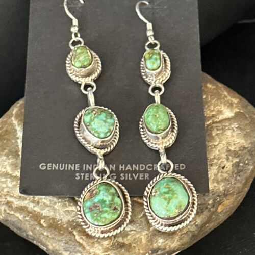 Navajo Green Sonoran Gold Turquoise Dangle Earrings | Sterling Silver | Authentic Native American Handmade | 14408