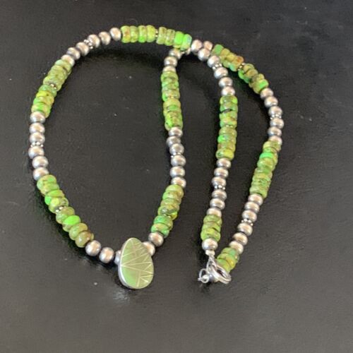 Navajo Green Gaspeite Turquoise Pendant | Sterling Silver | Authentic Native American Handmade | 13274 - Masha USA