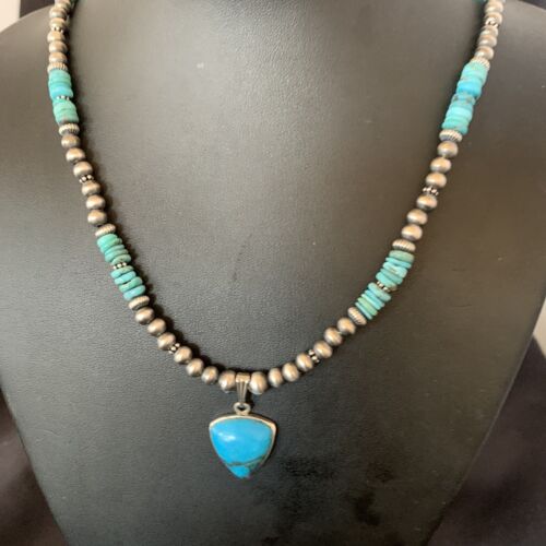 Navajo Pearl Necklace with Blue Kingman Turquoise Pendant | Sterling Silver | Authentic Native American Handmade | 12551