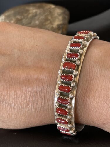 Navajo Red Coral Bracelet for Men | Sterling Silver | Authentic Native American Handmade | 1792