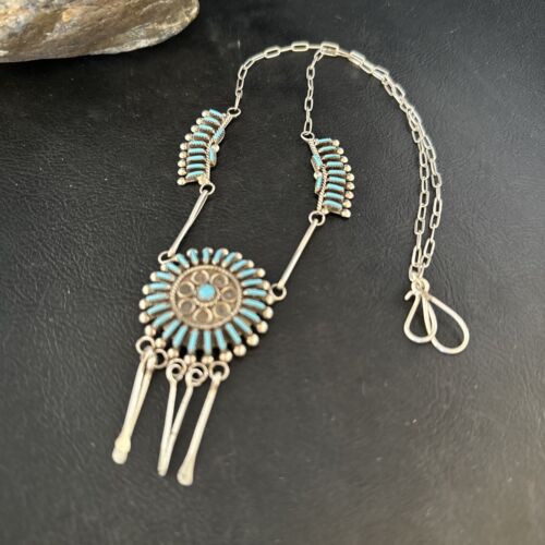 Zuni Kingman Turquoise Needle Point Necklace Pendant Set | Sterling Silver | Authentic Native American Handmade | 14535