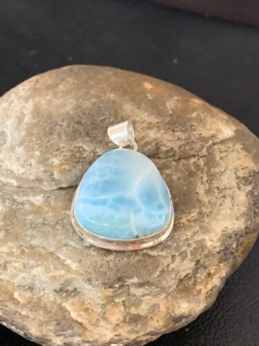 Navajo Sterling Silver Beads Necklace | Blue Larimar Pendant | Authentic Native American Handmade | 10831