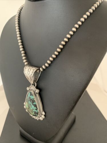 Men's Navajo Green Spiderweb Turquoise Pendant | Sterling Silver Necklace | Authentic Native American Handmade | 01978