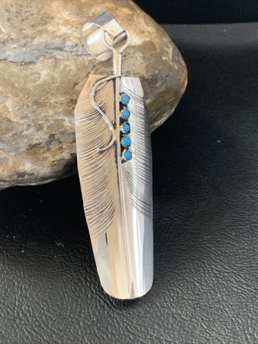 Navajo Turquoise Feather Pendant | Authentic Native American Sterling Silver | Multi-Stone | Handmade | 3.5" | 2106