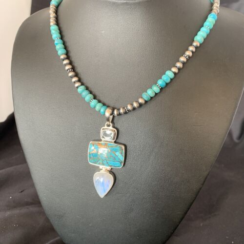 Navajo Pearls Necklace with Blue Mojave Turquoise Moon Pendant | Authentic Native American Sterling Silver | Multi-Stone | 11867