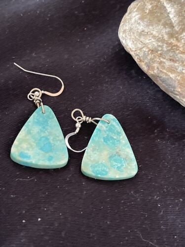 Southwestern Navajo Slab Turquoise Dangle Earrings | Sterling Silver | Authentic Native American Handmade | 1325
