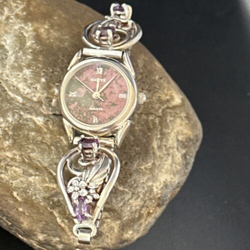 Authentic Navajo Sterling Silver Wrist Watch Tips | Purple Amethyst Feather Design | Women's Jewelry | 14315