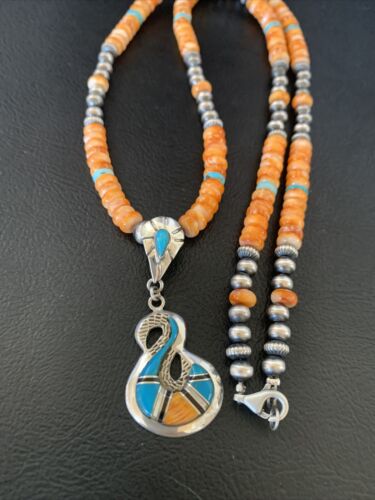 Navajo Pearls Necklace with Orange Spiny Oyster & Turquoise Pendant | Sterling Silver | Authentic Native American | 20" | 12703