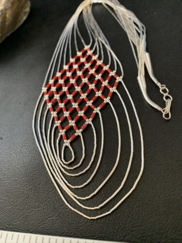 Red Coral 7 Strand Liquid Silver Heishi Necklace | Sterling Tubes | 18" | Authentic Native American Handmade | 12625