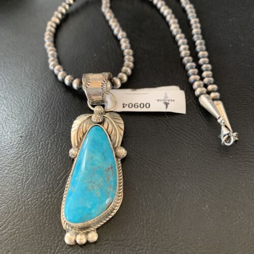 Men's Navajo Pearls Necklace with Blue Kingman Turquoise Pendant | Sterling Silver | 00904