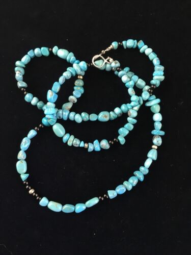 Southwestern | Blue Nugget Turquoise Onyx Necklace | Sterling Silver | 19" | 10021