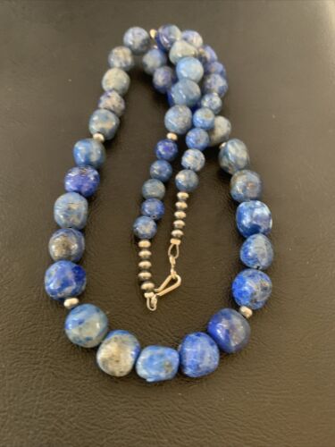 Navajo | Sterling Silver | Handmade Blue Denim Lapis Bead Necklace Pendant | Authentic Native American | 20" | 02206