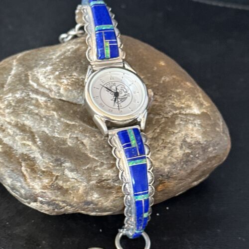 Authentic Navajo Blue Lapis & Opal Inlay Wristwatch | Sterling Silver Tips | Native American Jewelry | 14394