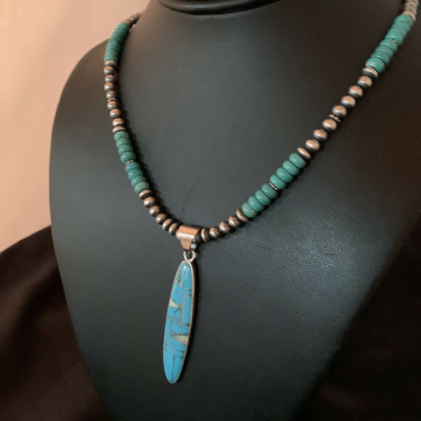 Authentic Native American Navajo Sterling Silver Pendant | Blue Turquoise & Opal Inlay Necklace | 11474