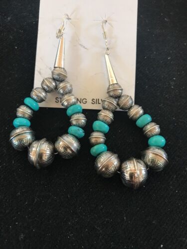 Navajo Turquoise Bead Earrings | Sterling Silver | Stamped | Native American | 10202