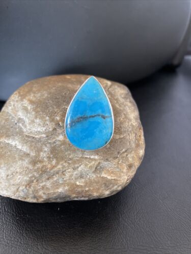 Navajo Blue Kingman Turquoise Ring | Sterling Silver | Sz 8 | Teardrop | Authentic Native American Handmade | 10509