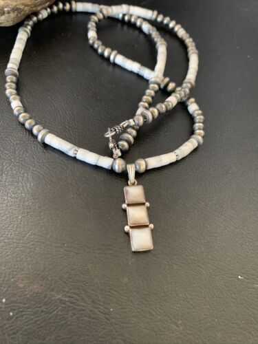 Navajo White Buffalo Turquoise Pendant Set | Sterling Silver | Authentic Native American Handmade | 12246