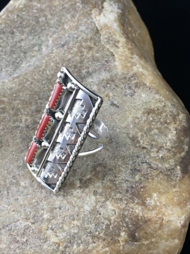 Navajo Red Coral Multi-Stone Ring | Authentic Native American Sterling Silver | Multi-Stone | Sz 7.5 | 10094