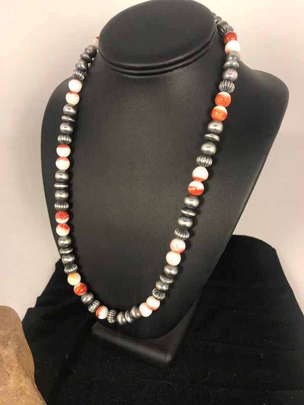Navajo Spiny Oyster Beads Necklace | Sterling Silver | 21" | Authentic Native American Handmade | 8533