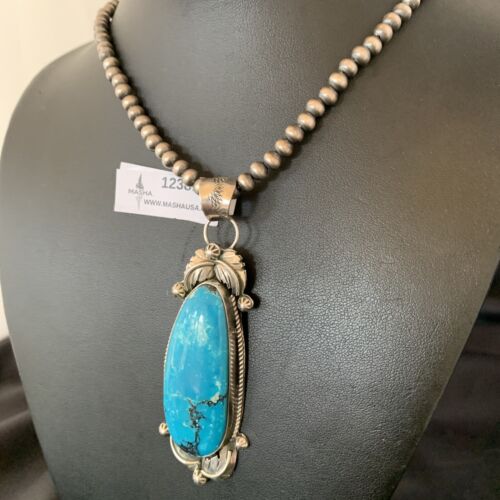 Men's Navajo Pearls Necklace with Blue Kingman Turquoise Pendant | Sterling Silver | Native American Handmade | 12381