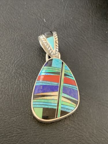 Navajo Multi-Color Turquoise Coral Opal Inlay Pendant | Sterling Silver | Native American Handmade | 12492 - Masha USA