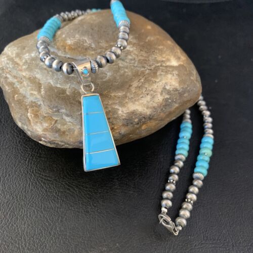 Navajo Blue Turquoise Inlay Pendant Necklace | Sterling Silver | Authentic Native American Handmade | 13866