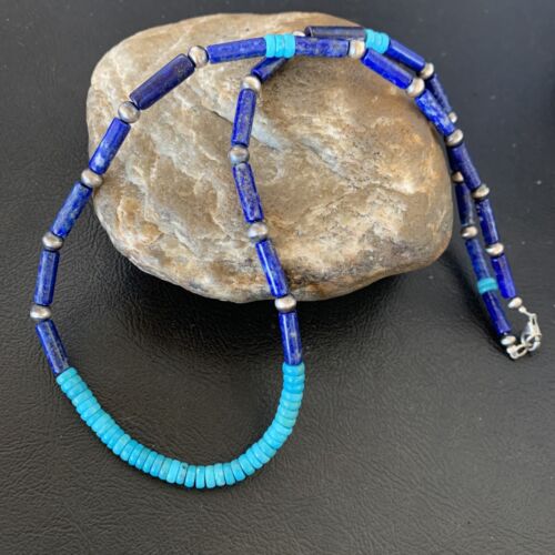 Native American Men's Navajo Lapis Turquoise Bead Necklace | Sterling Silver | 21" | 12471