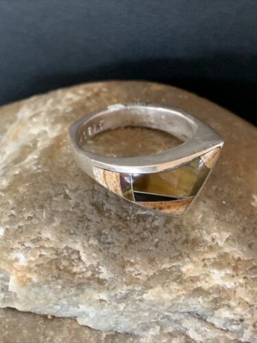 Navajo Black Onyx Coffee Tigers Eye Inlay Ring | Sterling Silver | Sz 6 | Authentic Native American Handmade | 10795