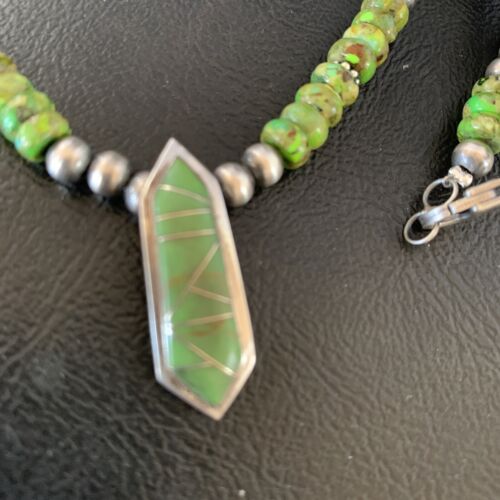 Navajo Green Gaspeite Turquoise Inlay Pendant | Sterling Silver | Authentic Native American Handmade | 13269