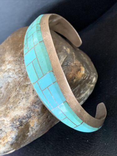 Native American Men's Bracelet | Sterling Silver Blue Kingman Turquoise Inlay | 12099