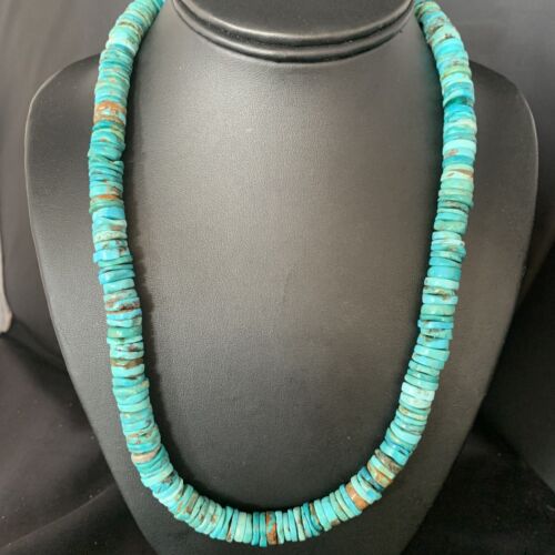 Men's Navajo Blue Turquoise Heishi Bead Necklace | Sterling Silver | 20" | Authentic Native American Handmade | 13522