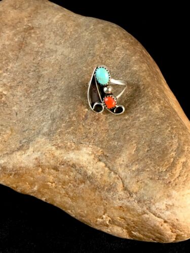 Navajo Turquoise & Coral Ring | Authentic Native American Sterling Silver | Multi-Stone | Sz 6.5 | 8714