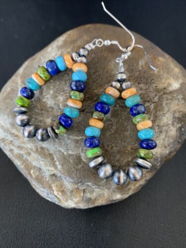 Navajo Multi-Color Lapis Spiny Turquoise Dangle Earrings | Sterling Silver | Authentic Native American Handmade | 12977