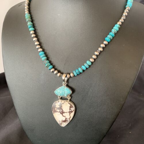 Men's Navajo Pearl Necklace Pendant | Sterling Silver | Blue Turquoise & Wild Horse Multi-Stone | 11756